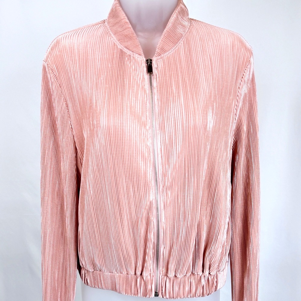 ZARA Satin Pleated Bomber Jacket Blush Pink Zip Y2K Womens Medium Ribbed